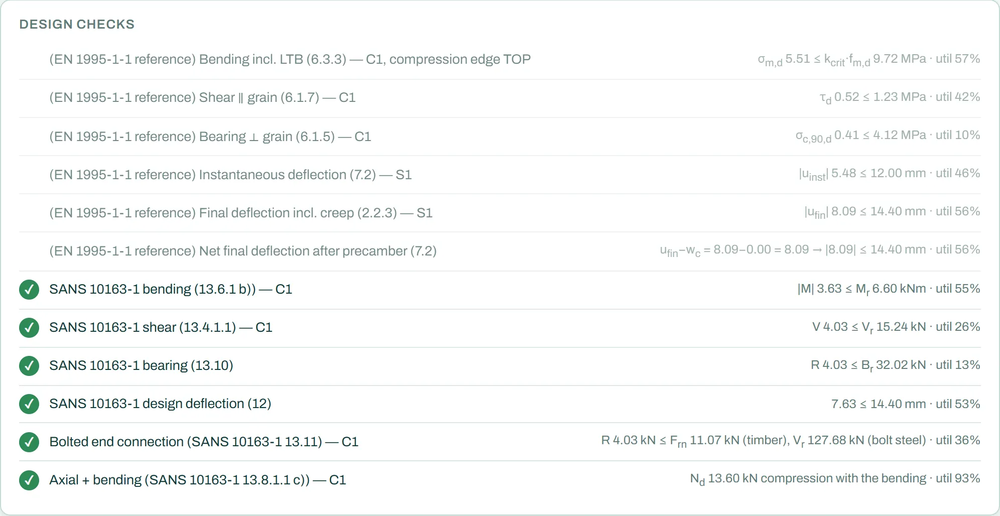 Free timber calculator: SANS 10163-1 checks with the bolted end connection and axial force with bending