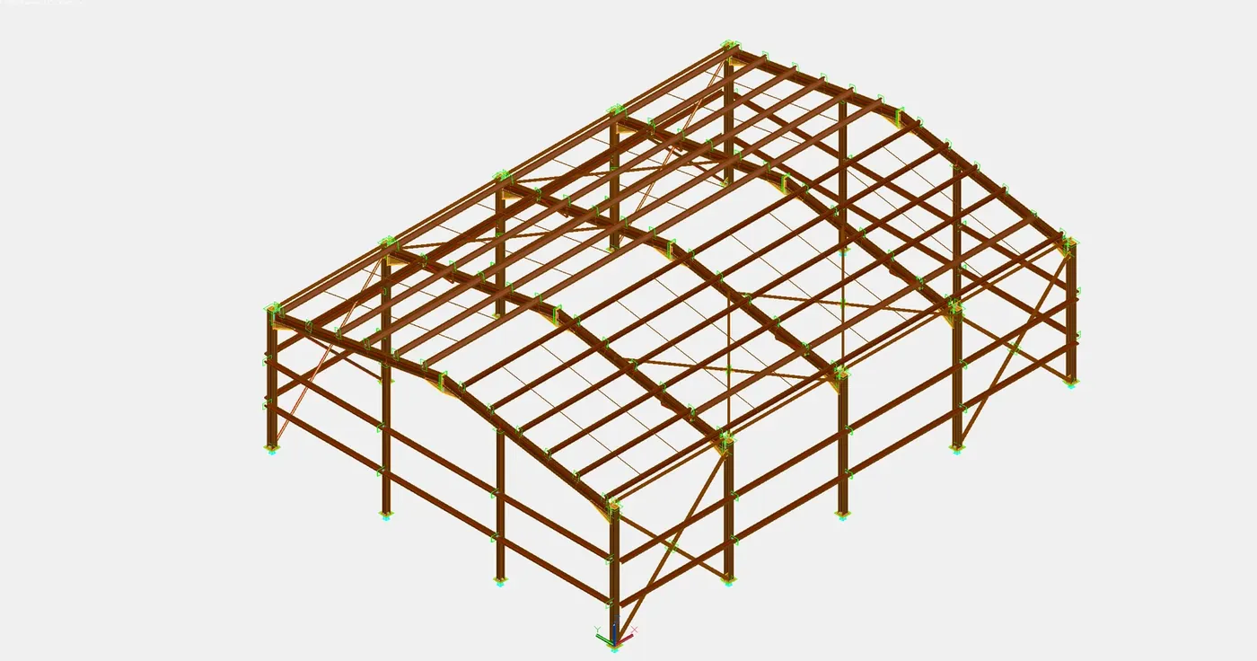 The portal frame exported from STATIX into Advance Steel with plates, bolts and welds
