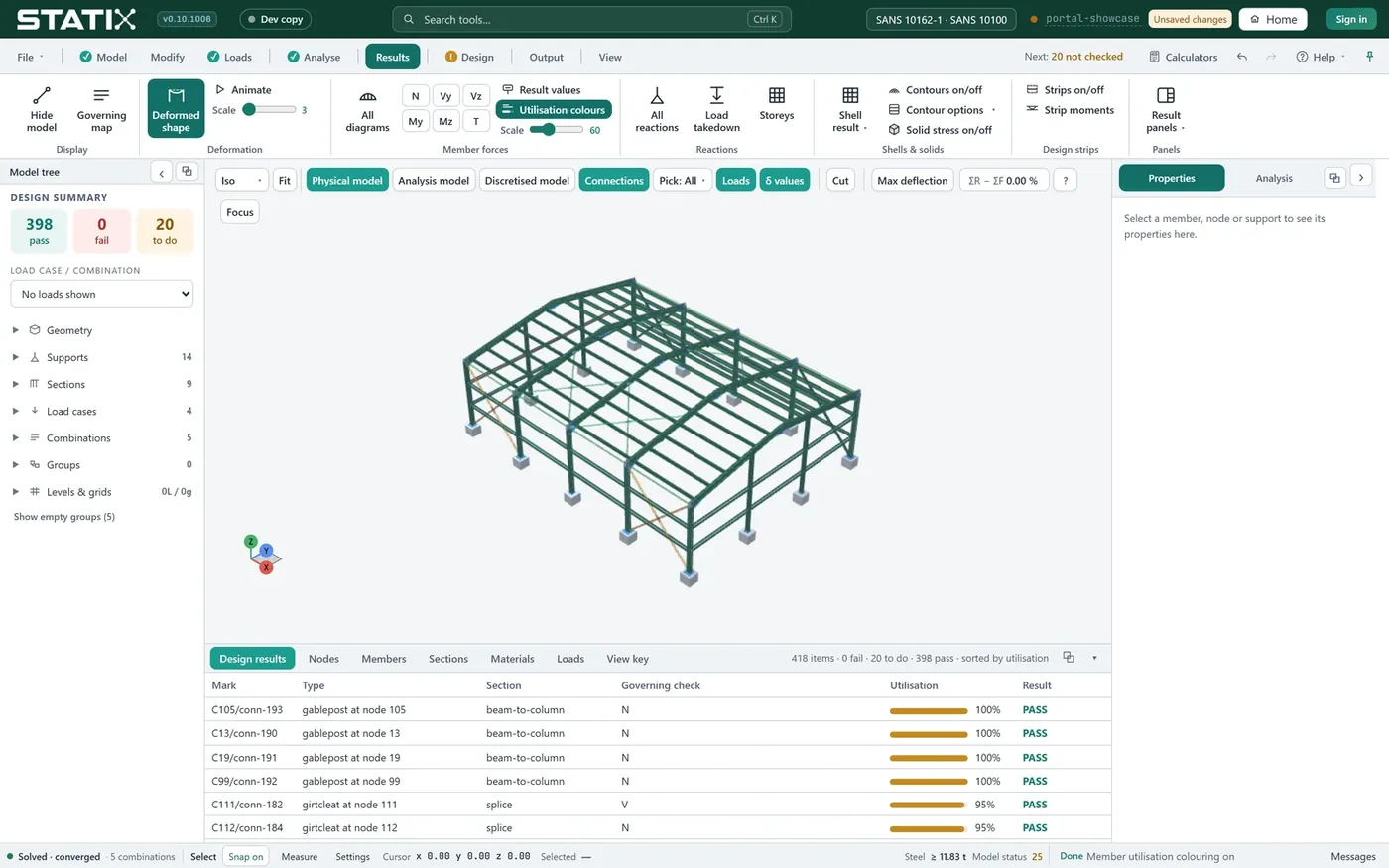 The STATIX app with the portal frame model, utilisation colours and the list of design results