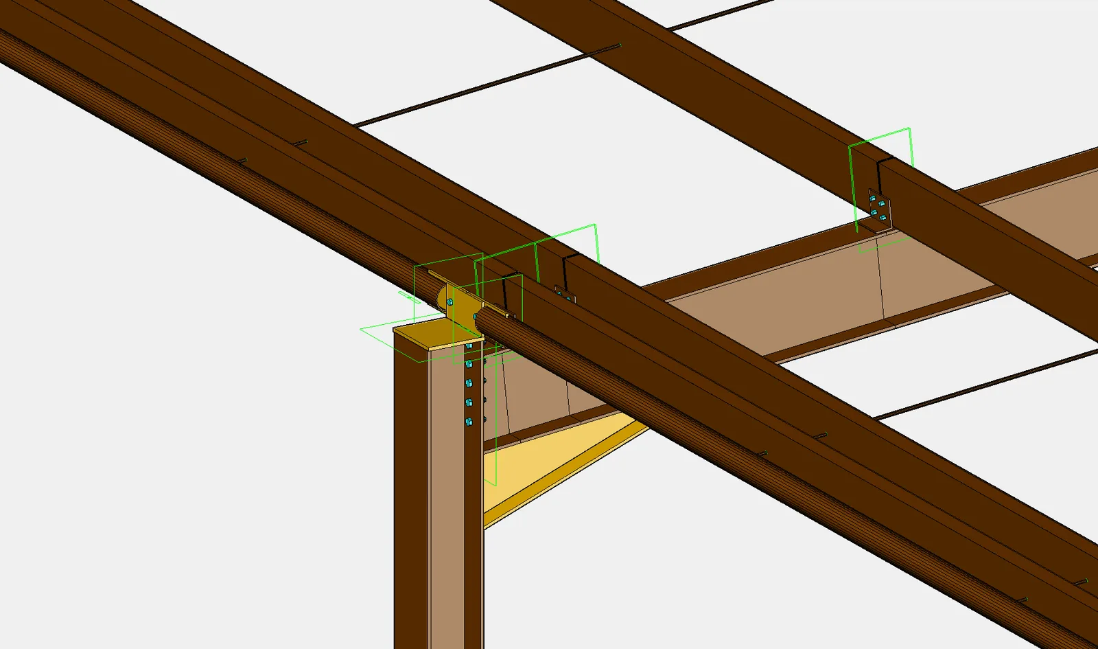 STATIX portal shed exported to Advance Steel: eaves haunch with end-plate bolts, CHS eaves strut on a column cap plate, purlin cleat