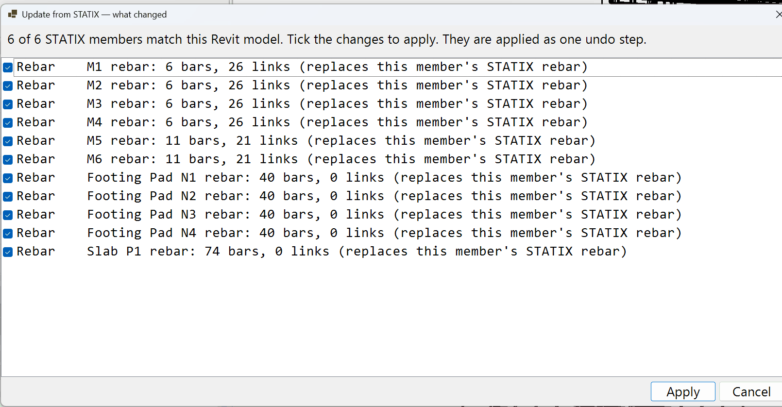 Revit Update from STATIX tick list