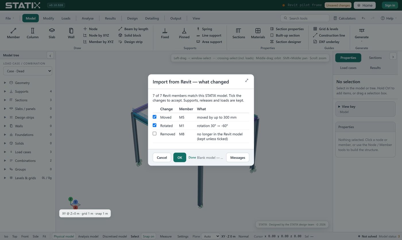 STATIX import from Revit: list of what changed with tick boxes