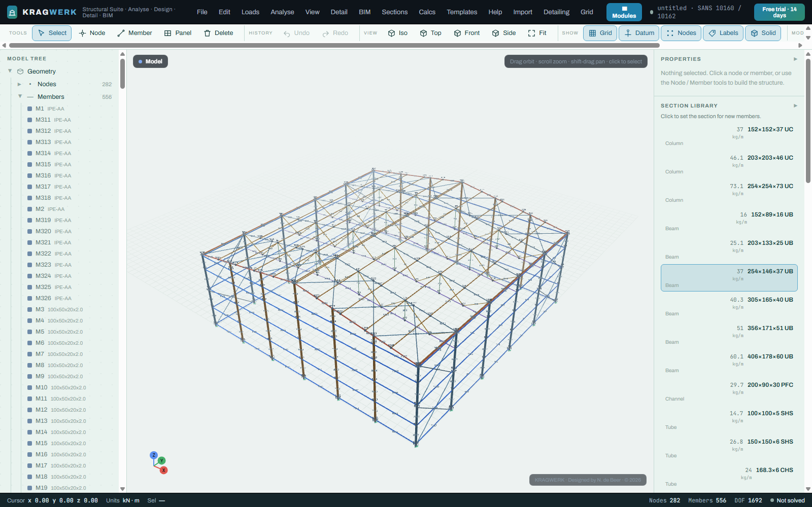A large multi-bay portal frame imported from a .sumo file and rebuilt in STATIX