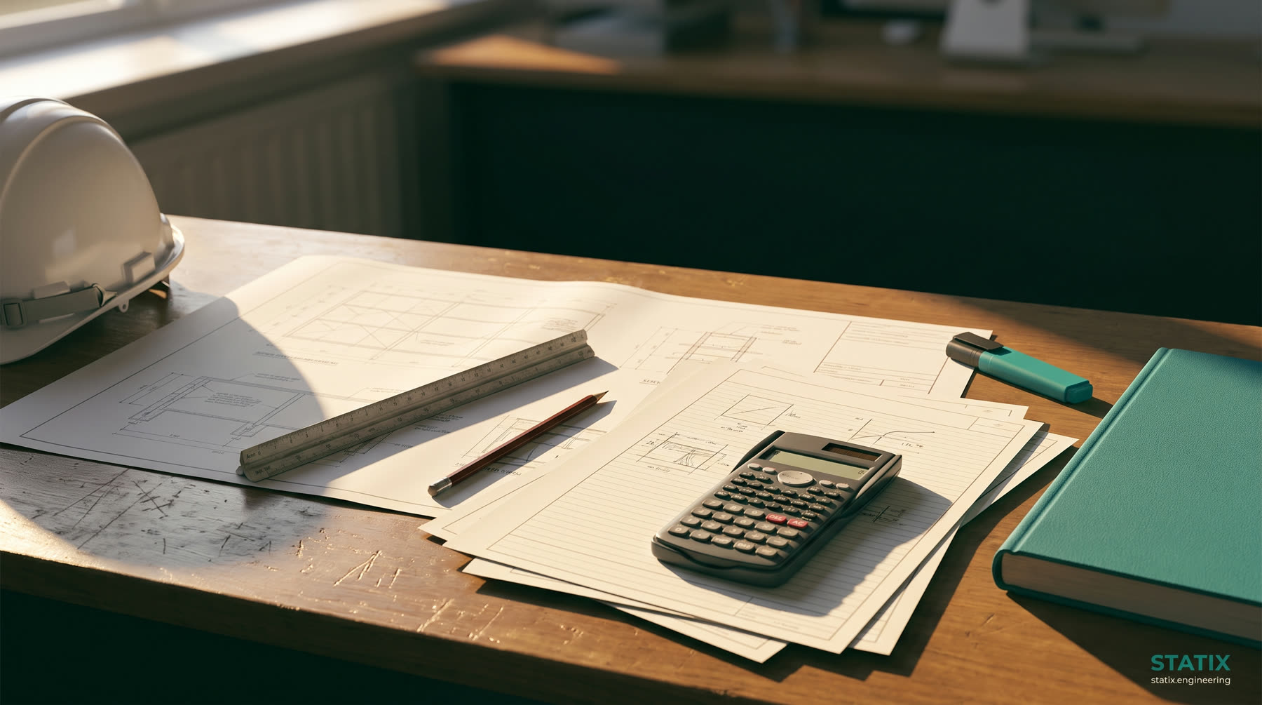 A drawing-office desk with printed calculation sheets, a scale rule and a hard hat