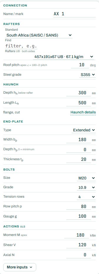Apex haunch inputs: rafters, haunch, end plate, bolts and actions