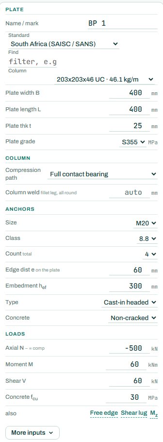 Base plate inputs: plate, column, anchors and loads