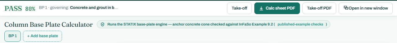 Base plate calculator header with the PASS badge