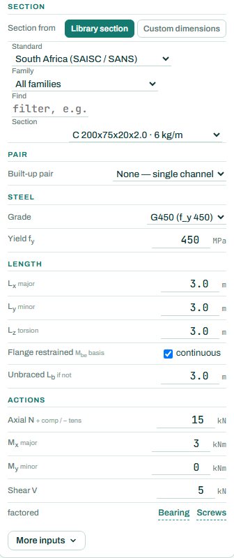 Cold-formed member inputs: section, pair, steel, length and actions