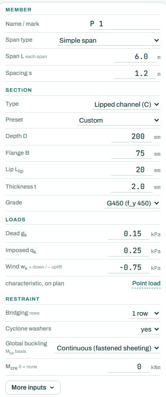 Purlin inputs: member, section, loads and restraint