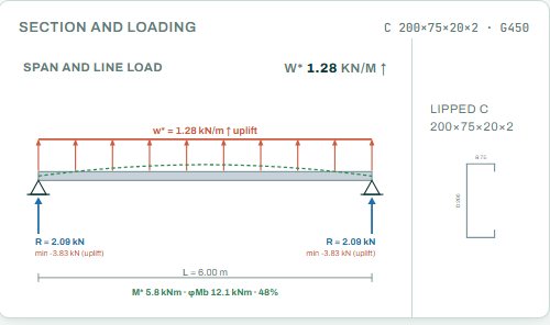 Span and line load with the reactions and the section