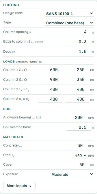 Combined footing inputs: footing, characteristic loads, soil and materials
