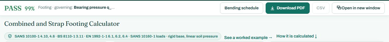 Combined footing calculator header with the PASS badge