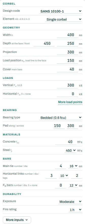 Corbel inputs: corbel, geometry, loads, bearing, materials, bars and durability