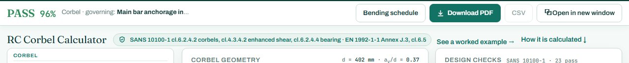 Corbel calculator header with the PASS badge