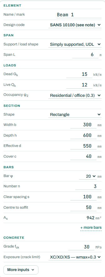 Crack and deflection inputs: element, span, loads, section, bars and concrete