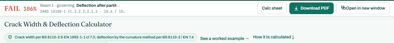 Crack width and deflection calculator header with the FAIL badge