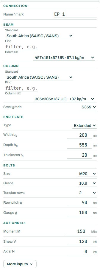 End plate inputs: beam, column, end plate, bolts and actions