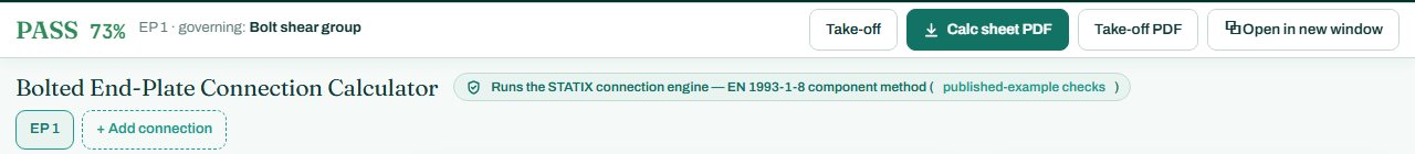 End plate connection calculator header with the PASS badge