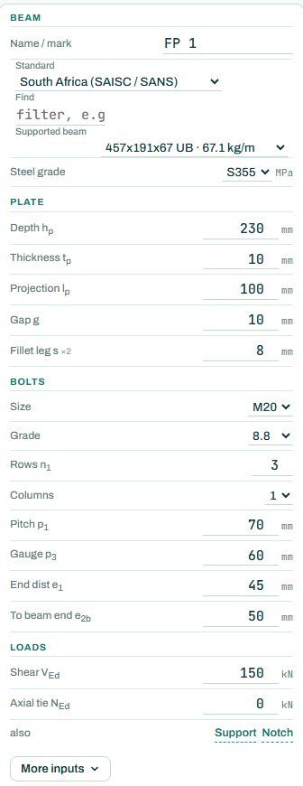 Fin plate inputs: beam, plate, bolts and loads