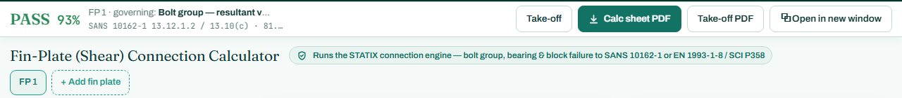 Fin plate calculator header with the PASS badge