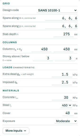 Flat slab inputs: grid, columns, loads and materials