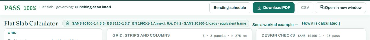 Flat slab calculator header with the PASS badge