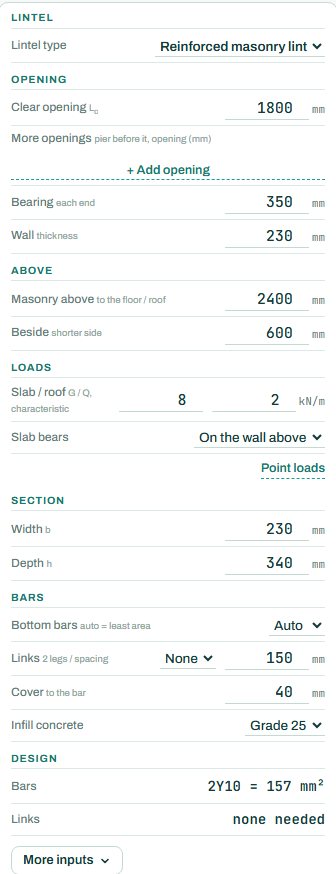 Lintel inputs: type, opening, above, loads, section and bars