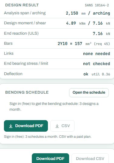 Design result and bending schedule card for the lintel