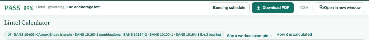 Lintel calculator header with the PASS badge