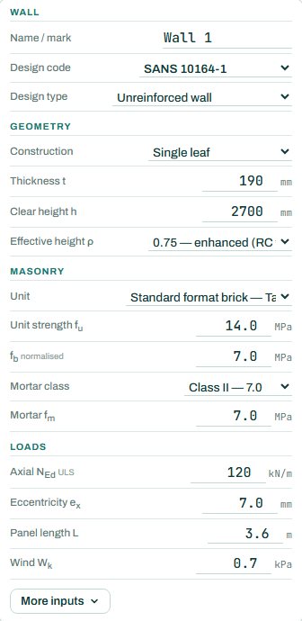 Masonry wall inputs: wall, geometry, masonry and loads
