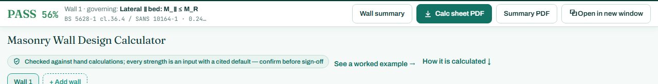 Masonry wall calculator header with the PASS badge