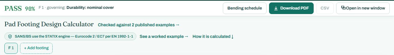 Pad footing calculator header with the PASS badge