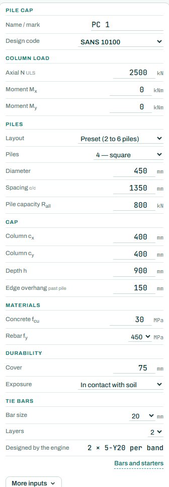 Pile cap inputs: column load, piles, cap, materials, durability and tie bars