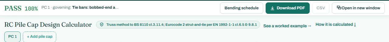 Pile cap calculator header with the PASS badge