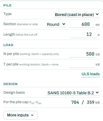 Pile capacity inputs: pile, load and design basis