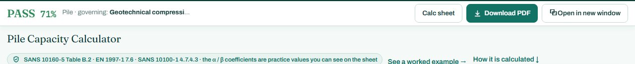 Pile capacity calculator header with the PASS badge
