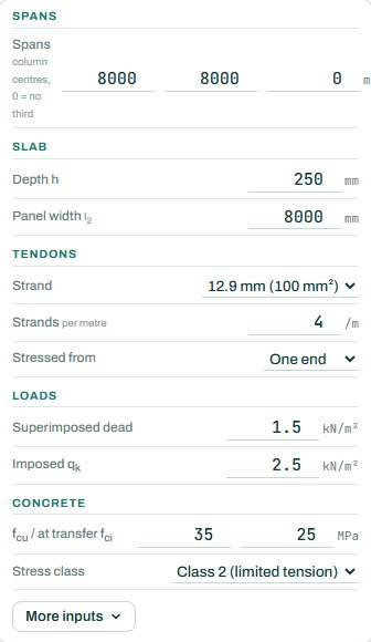 PT slab inputs: spans, slab, tendons, loads and concrete