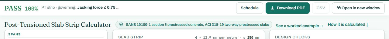 PT slab strip calculator header with the PASS badge