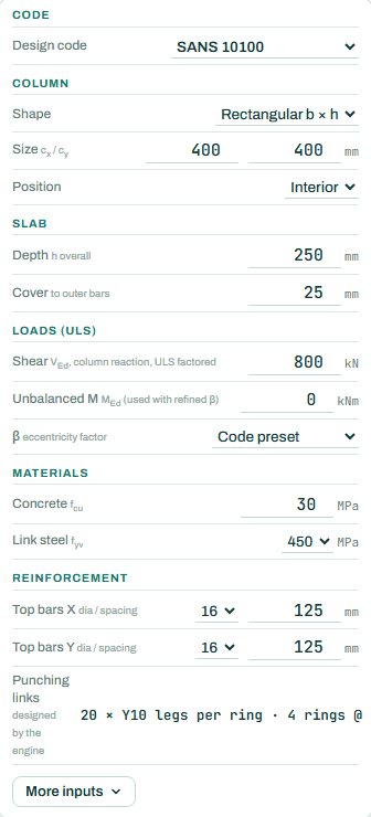 Punching shear inputs: code, column, slab, loads, materials and reinforcement
