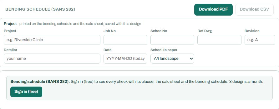 Bending schedule panel to SANS 282 with project fields