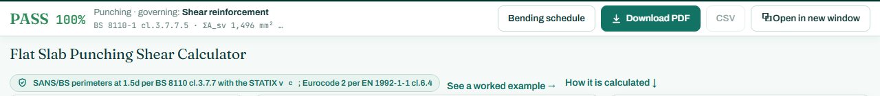 Punching shear calculator header with the PASS badge