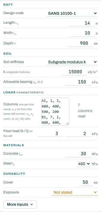 Raft inputs: raft, soil, columns, floor load, materials and durability