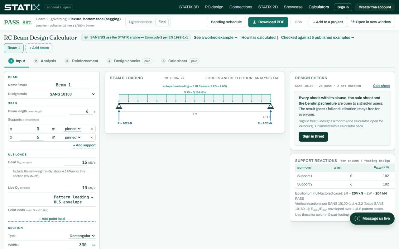 RC beam calculator: the result bar on top, the tabs, the inputs on the left, the beam drawing in the middle and the design checks on the right