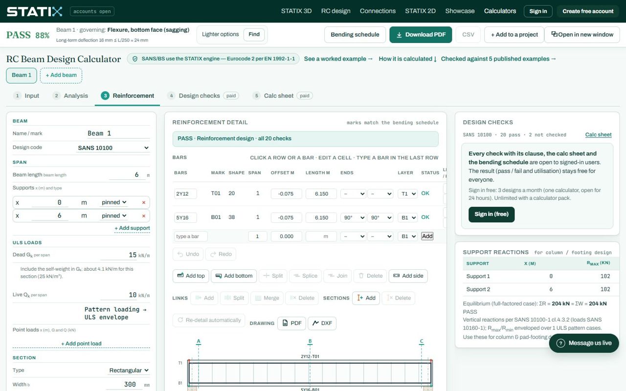 Reinforcement tab: the bars table and the elevation of the designed bars