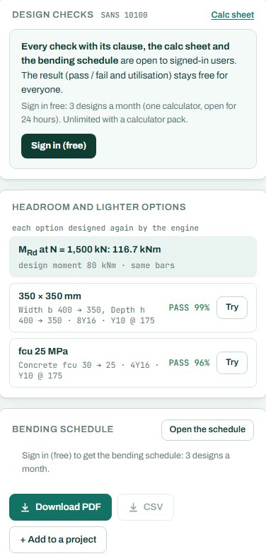 Design checks, headroom and lighter options, and the bending schedule card