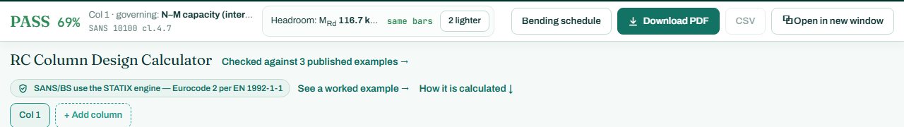 RC column calculator header with the PASS badge and headroom