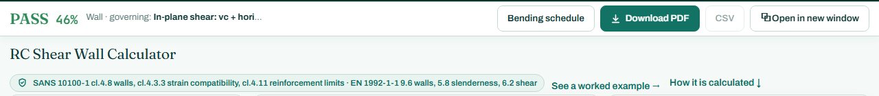RC shear wall calculator header with the PASS badge