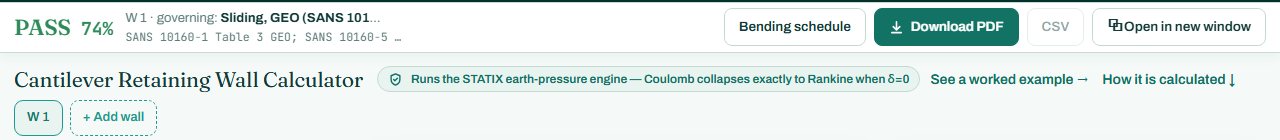 Retaining wall calculator header with the PASS badge
