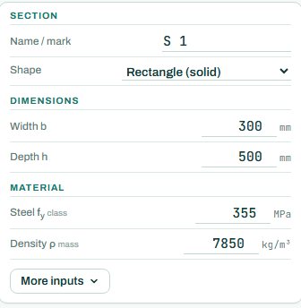 Section properties inputs: section, dimensions and material