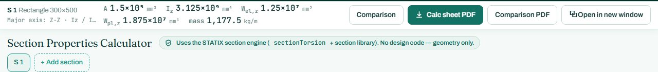 Section properties calculator header